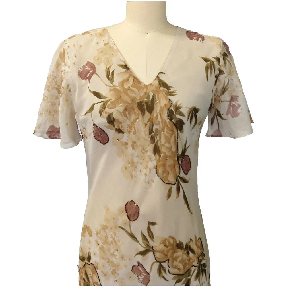 Vintage Y2K Floral Print Bias Cut Maxi Dress Size M Flutter Sleeve Ivory V Neck